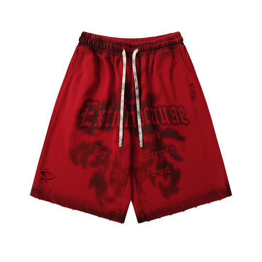 Fuzzy Letter Spray Painting Loose Shorts Men Punk
