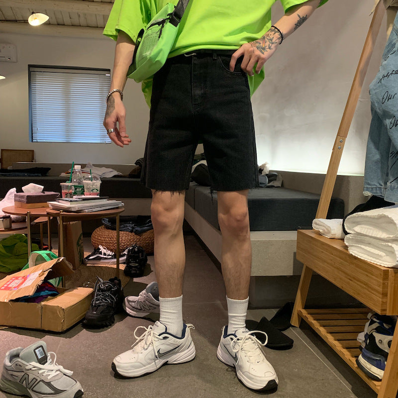 Compatible with Apple, CDC Studios Ins Same Cut Raw Edge Denim Shorts Men''s Retro Loose Straight Pants