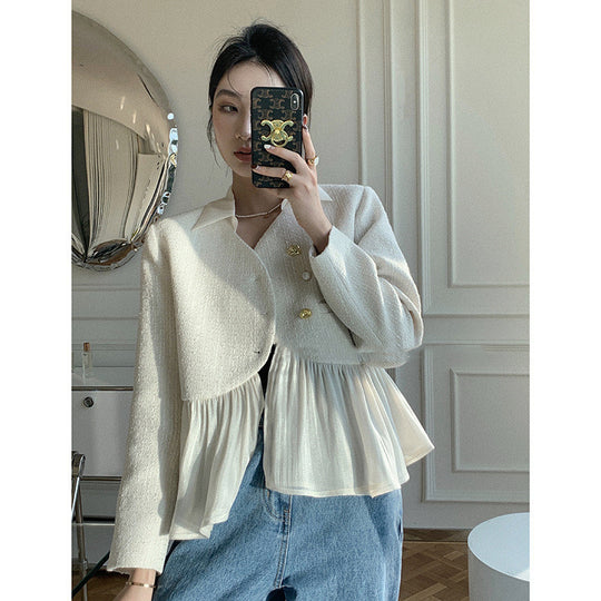Xiaoxiang Style Hepburn Style Shirt Collar Tweed Jacket Women