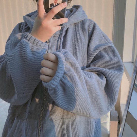 Zipper Hooded Jacket Lovely Young Women With Plush Cardigan