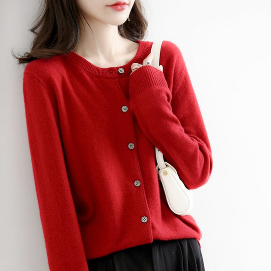 Round Neck Knitted Cardigan Women Loose Solid Color Jacket