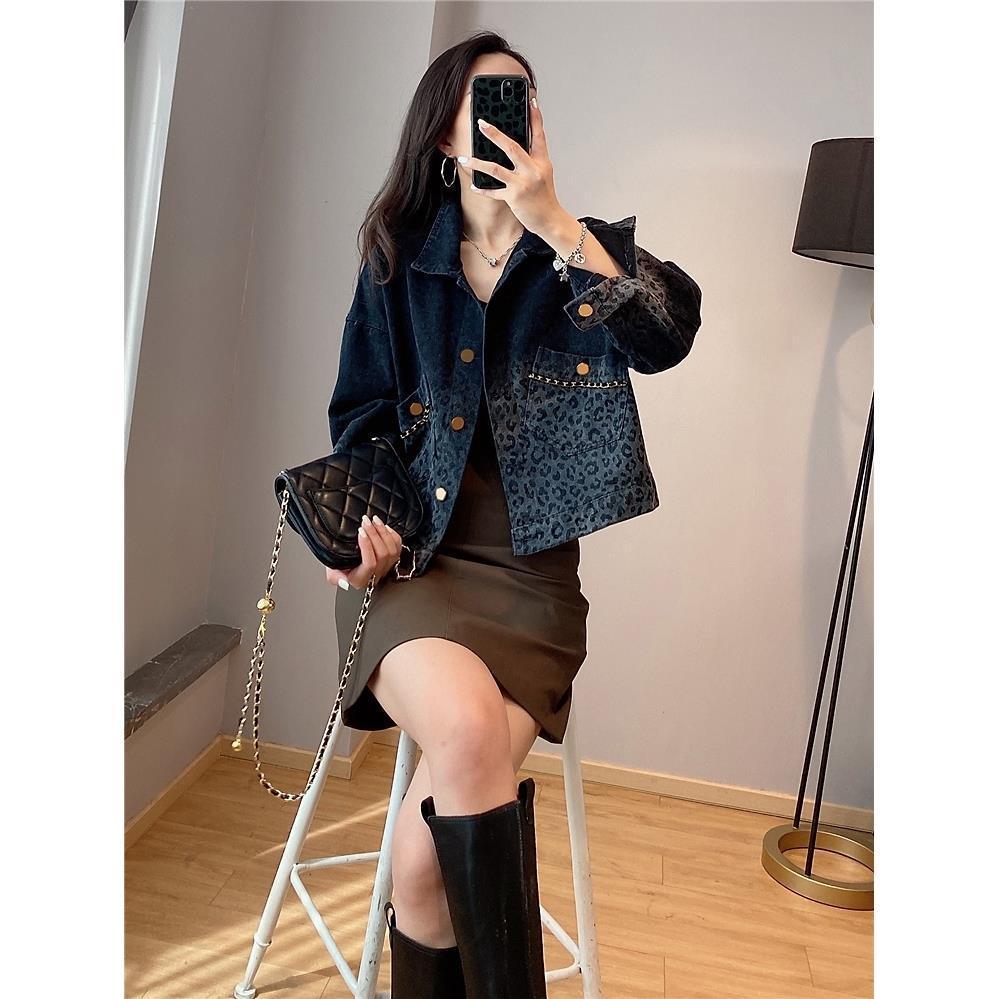 Black Retro Leopard Print Denim Jacket For Women