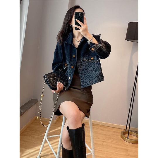 Black Retro Leopard Print Denim Jacket For Women