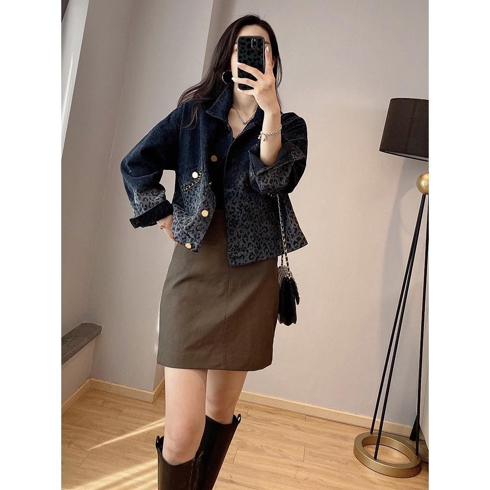 Black Retro Leopard Print Denim Jacket For Women