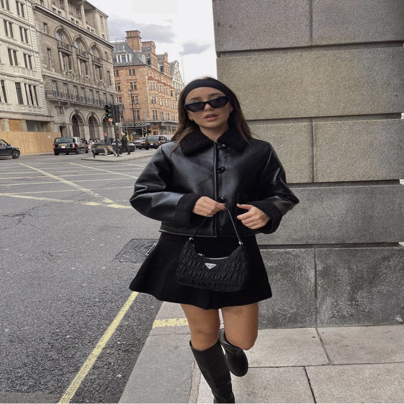 Black Leather Coat Jacket Short Plush High Fashion Winter Women