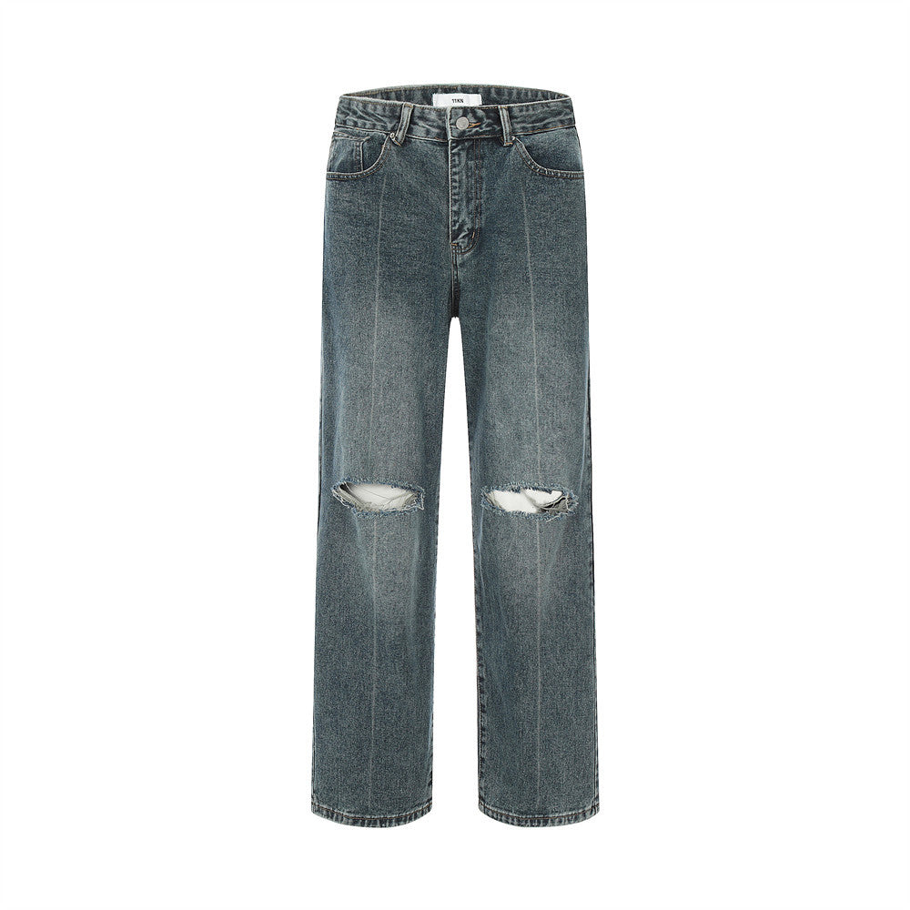 Ripped Knee Jeans Men Straight-leg Trousers