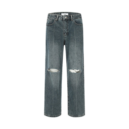 Ripped Knee Jeans Men Straight-leg Trousers