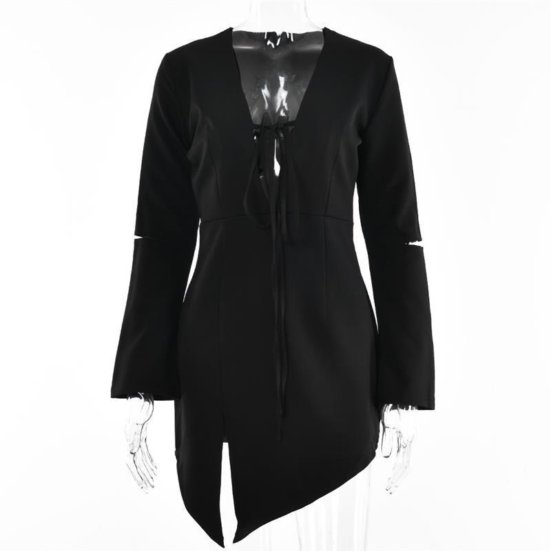 Irregular Design Slit Skirt For Women Summer New Long Sleeve Hollow Out V-neck Tied Dress