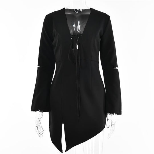 Irregular Design Slit Skirt For Women Summer New Long Sleeve Hollow Out V-neck Tied Dress