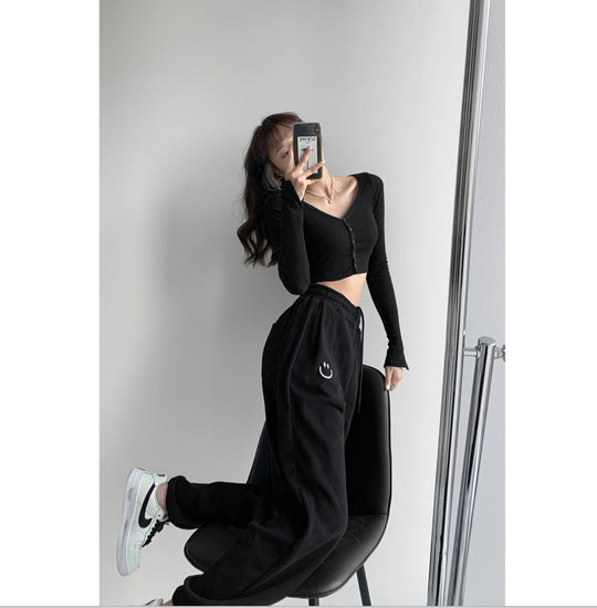 Women Smiley Face Embroidered Loose Casual Trousers