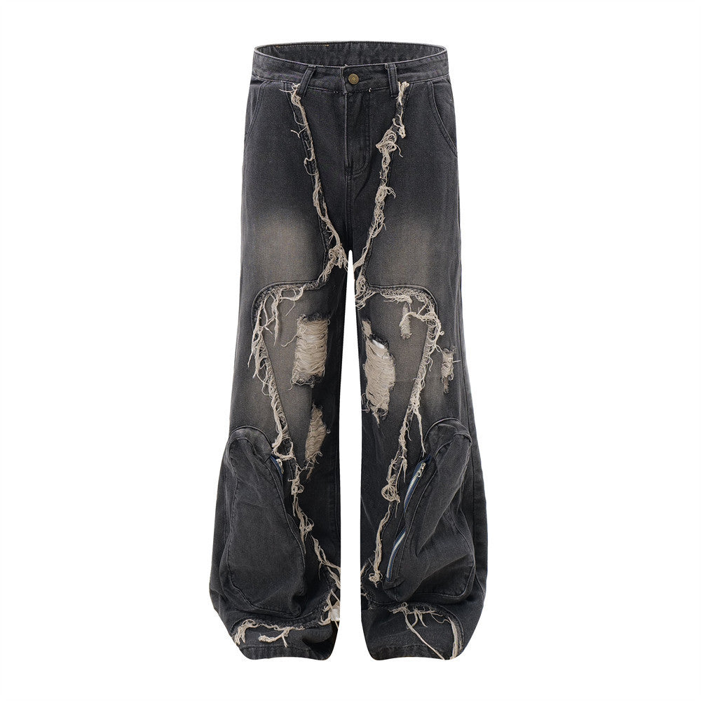 Ripped Wide-legged Denim Trousers For Men