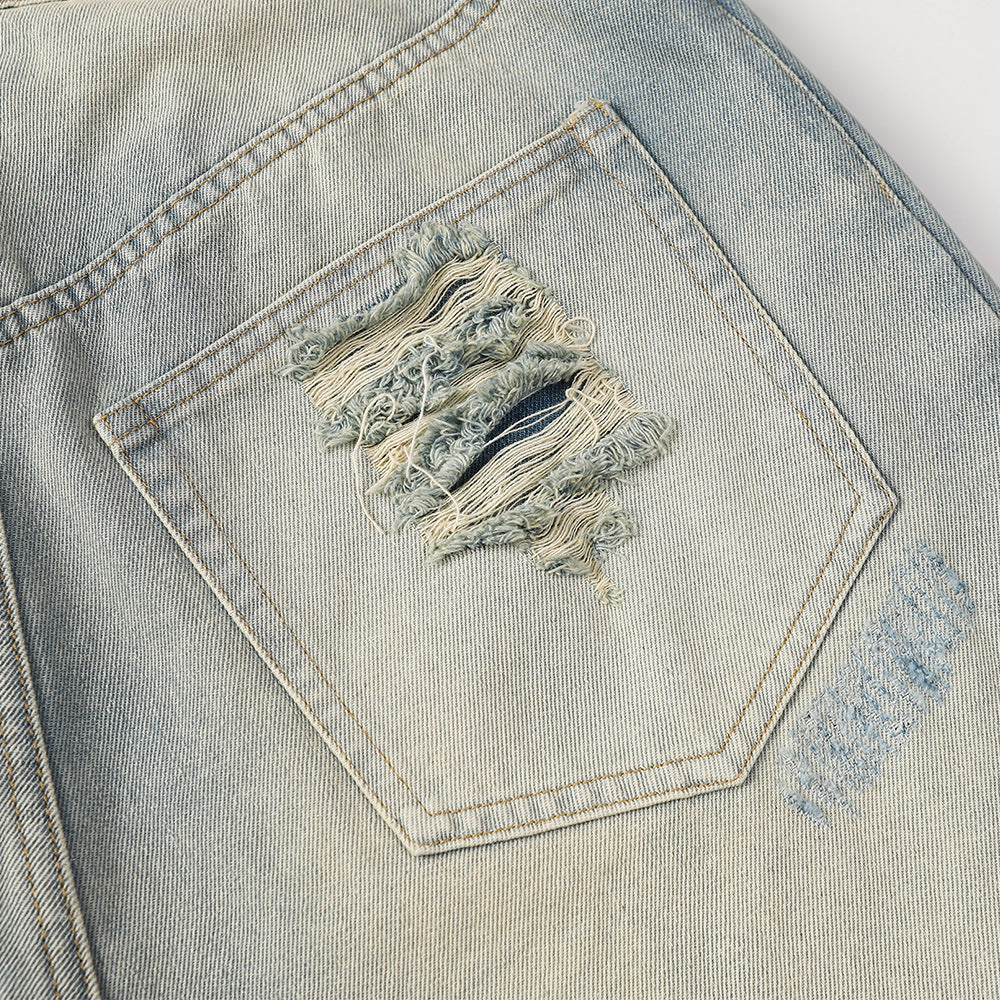 Heavy Industry Hole Washing Denim Shorts Men