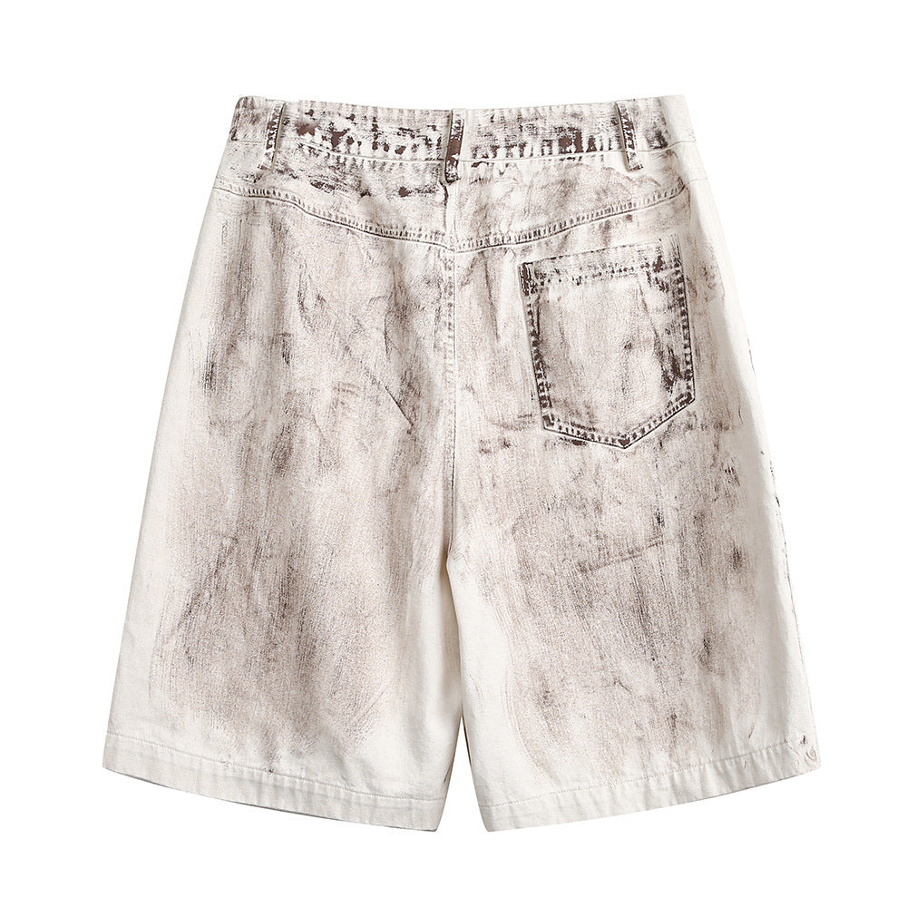 Punk Distressed Dirty Denim Cargo Pants Shorts Men