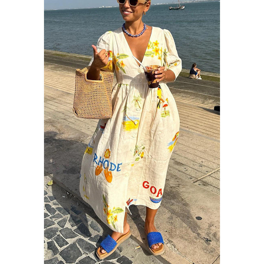 European And American Spring And Summer New Casual Five-point Puff Sleeve Dress INS Loose Vacation Dress For Women