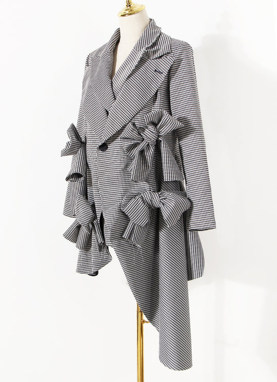 Small Plaid Bow Asymmetrical Loose Suit Jacket For Women