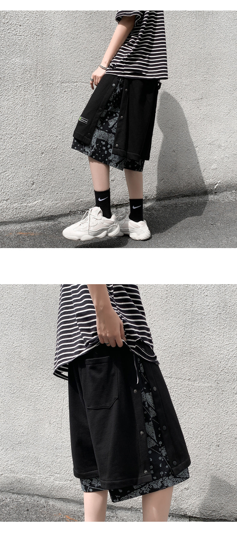 Hong Kong Style Breasted Shorts Men''s Hip Hop Cashew Flower Stitching Loose Fashion