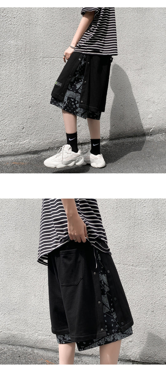 Hong Kong Style Breasted Shorts Men''s Hip Hop Cashew Flower Stitching Loose Fashion