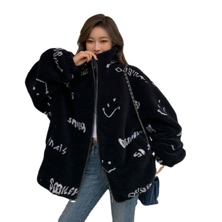 Thickened Sheep Shearing Letters Loose Fashion Plush Jacket Women