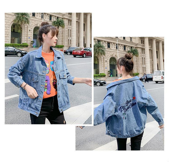 All-match Korean Style Loose Embroidered Denim Jacket Women