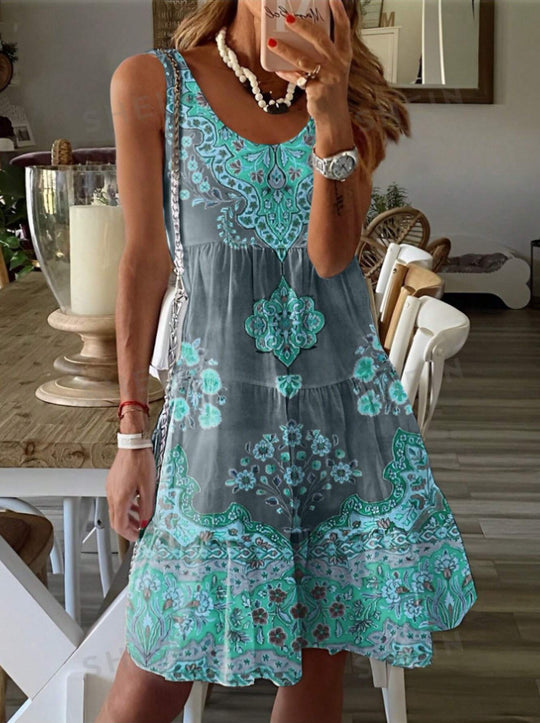 Summer Printed Sleeveless Vest Dress Holiday Floral Print Dress Women