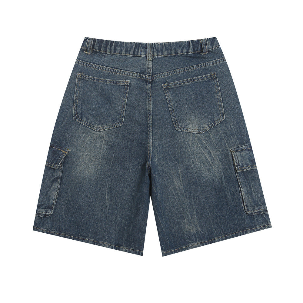 Distressed Washed Denim Cargo Pants Shorts For Men