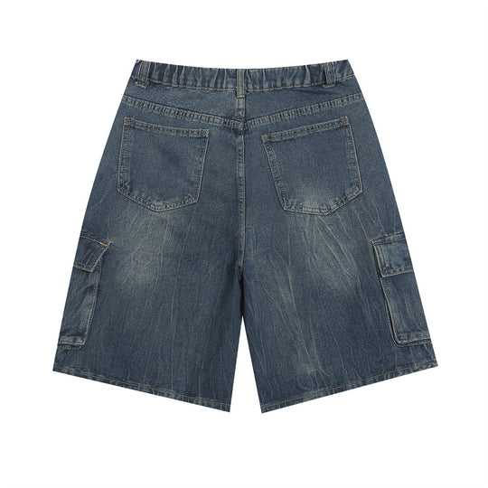 Distressed Washed Denim Cargo Pants Shorts For Men