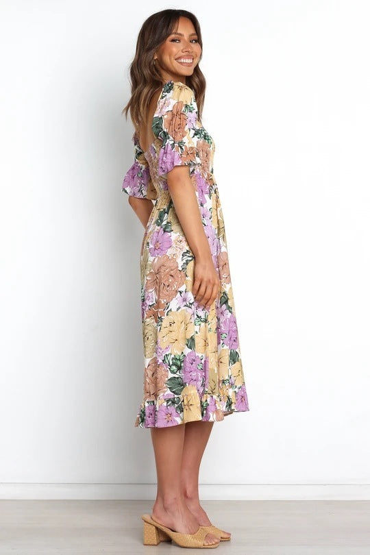 Foreign Trade In Stock Cross-border Spring And Summer New Ruffle Sleeve Big Flower Print Elastic Casual Dress For Women