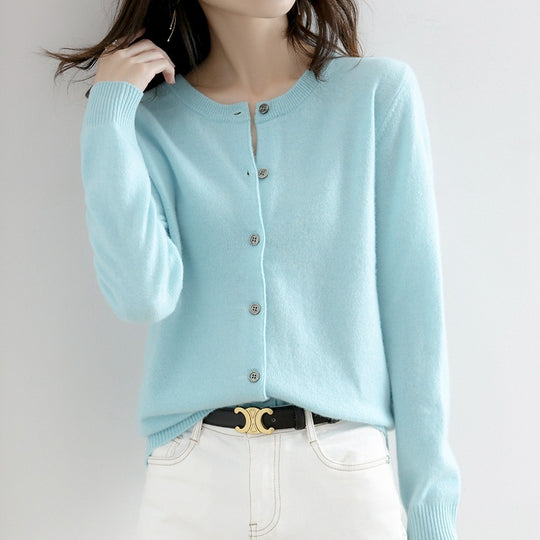 Round Neck Knitted Cardigan Women Loose Solid Color Jacket