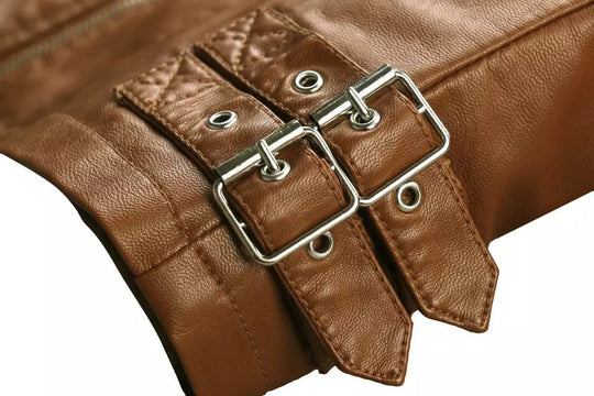 Standing Collar Motorcycle Pu Slim Leather Jacket Women Short