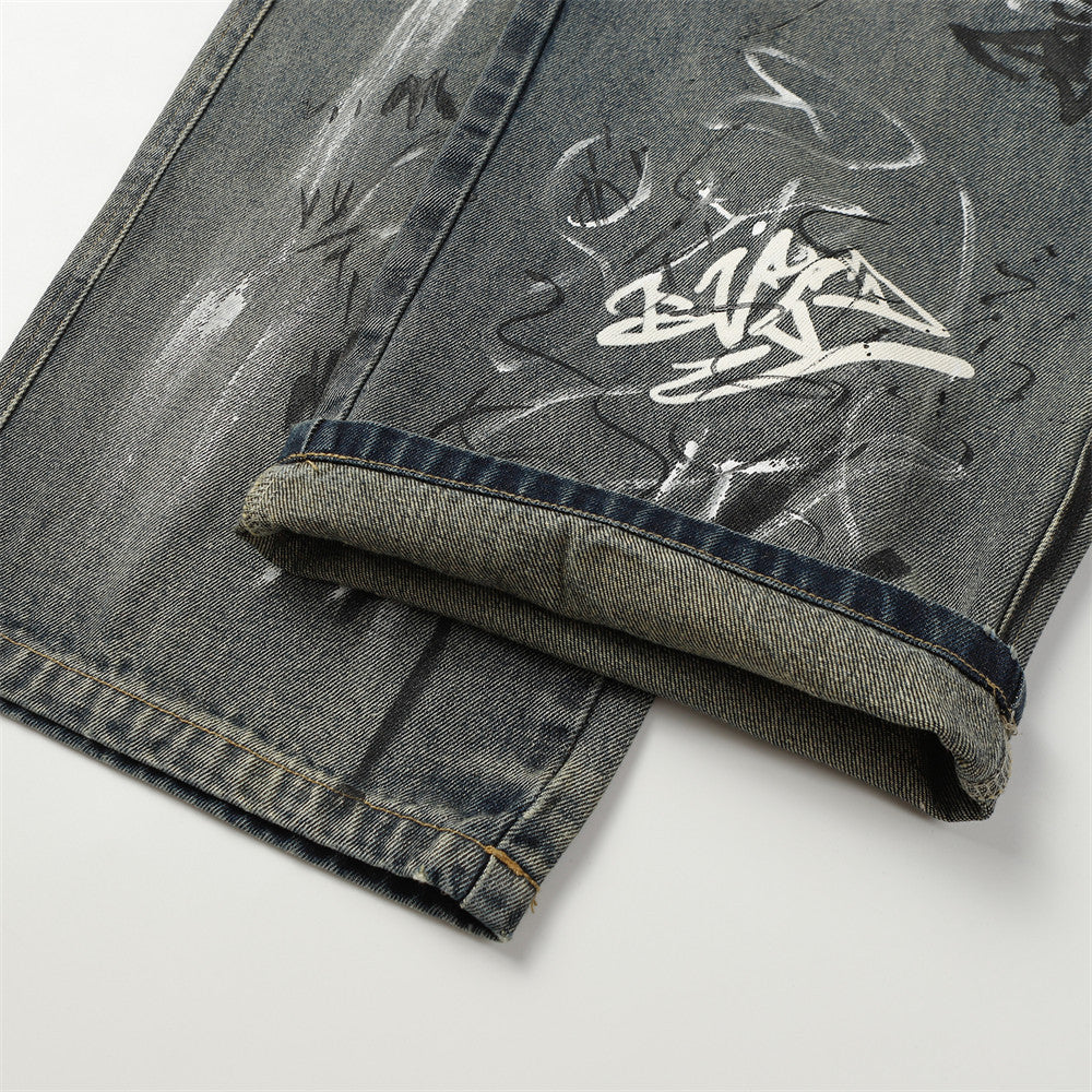 Fashion Graffiti Denim Straight-leg Trousers Men