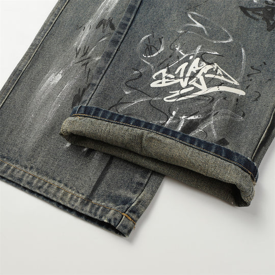 Fashion Graffiti Denim Straight-leg Trousers Men