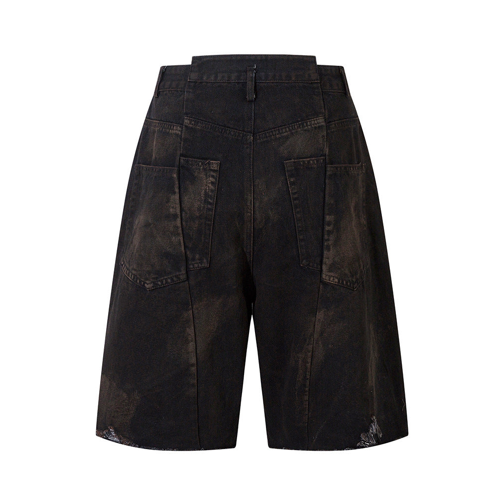 Waste Soil Spray Painting Old Dirty Denim Shorts Men