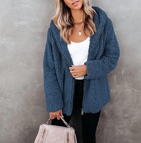 Women Solid Color Double Sided Fleece Warm Jacket