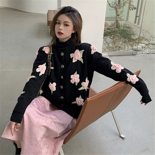 Women's Rose Flower Embroidery Hong Kong Style Sweater Women Jacket