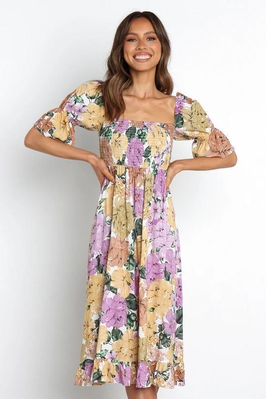 Foreign Trade In Stock Cross-border Spring And Summer New Ruffle Sleeve Big Flower Print Elastic Casual Dress For Women