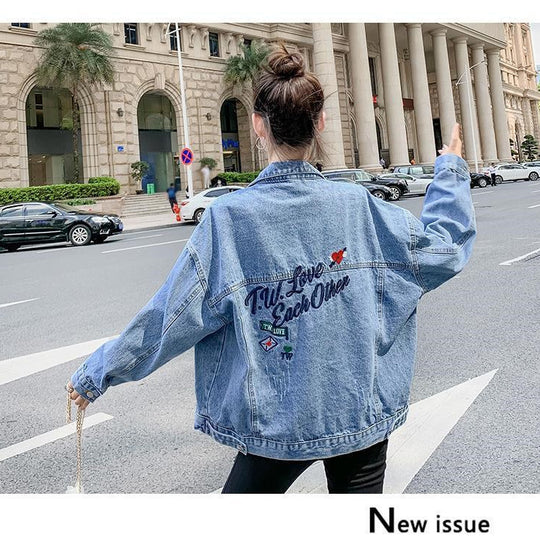 All-match Korean Style Loose Embroidered Denim Jacket Women