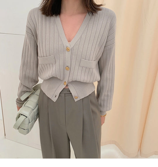 Thin Short Section Gentle Retro V-neck Knitted Jacket Women