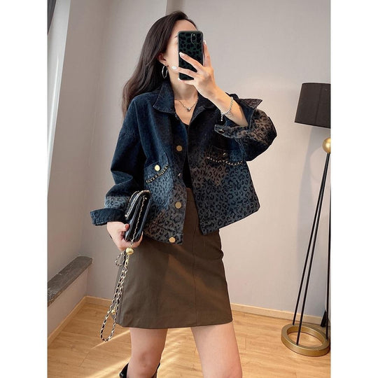 Black Retro Leopard Print Denim Jacket For Women