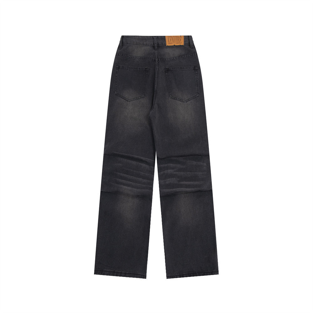 Distressed Washed Denim Loose Trousers For Men