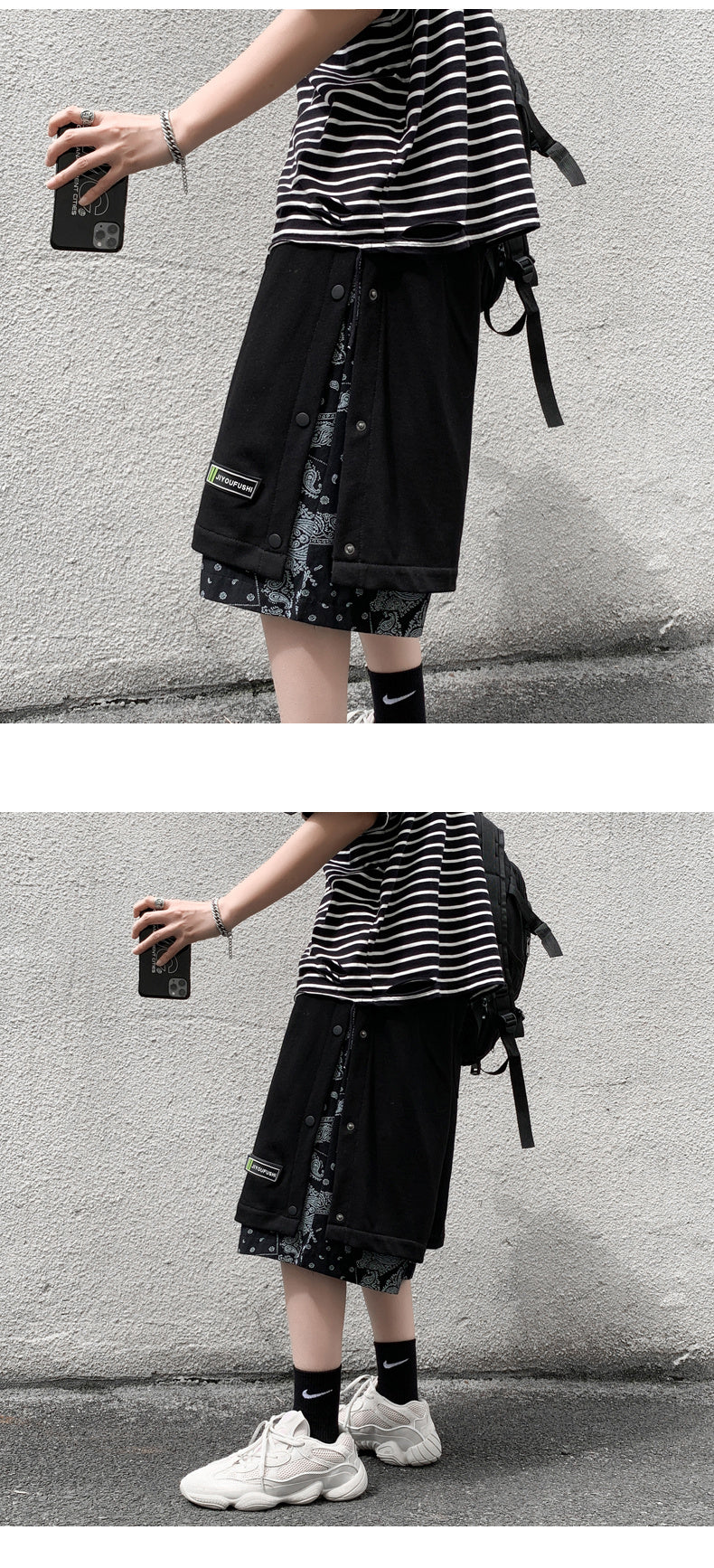 Hong Kong Style Breasted Shorts Men''s Hip Hop Cashew Flower Stitching Loose Fashion