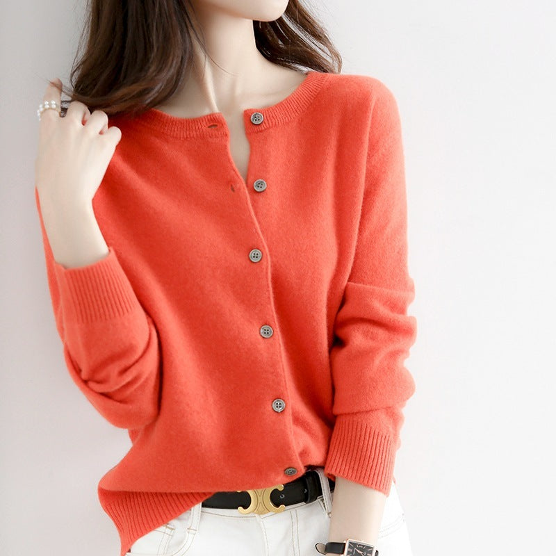 Round Neck Knitted Cardigan Women Loose Solid Color Jacket