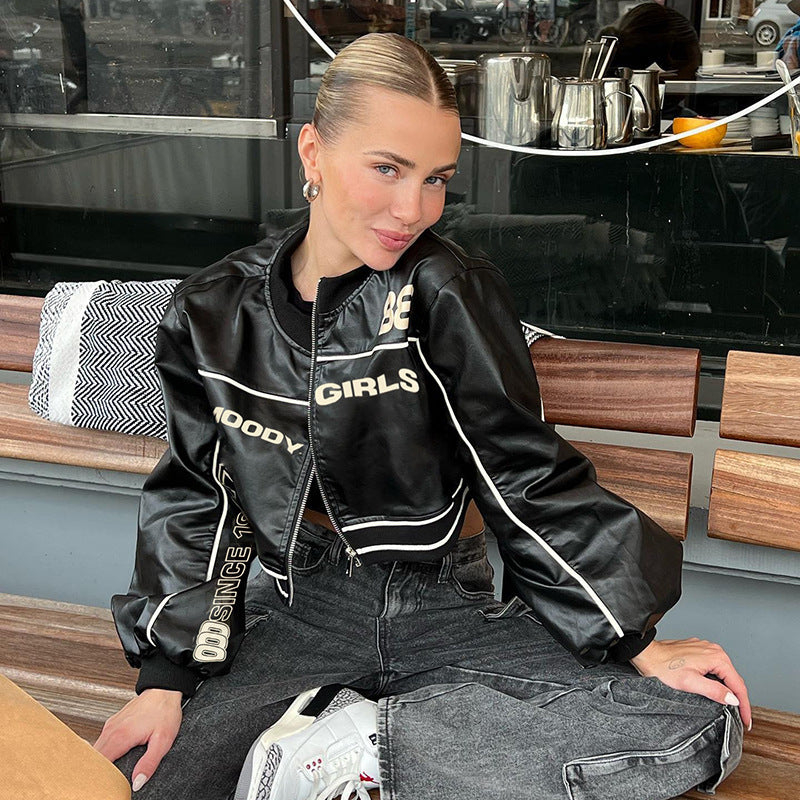 Street Motorcycle Style Letter Print Leather Jacket Women Zipper Cardigan Round Neck Short Jacket