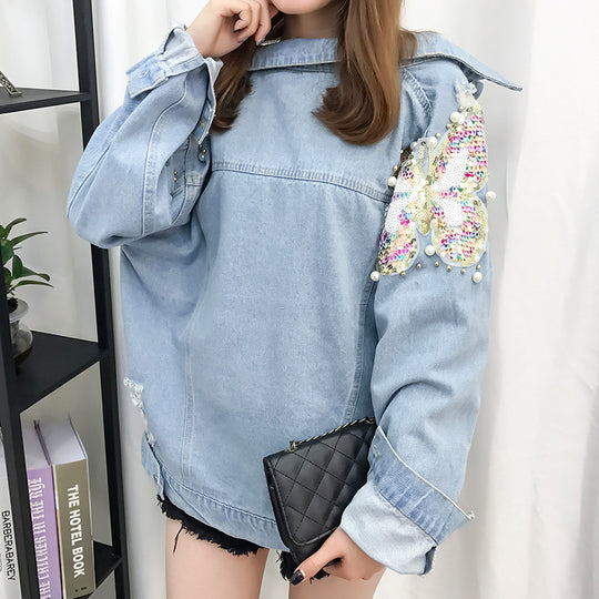 All-match Korean Style Loose Embroidered Denim Jacket Women