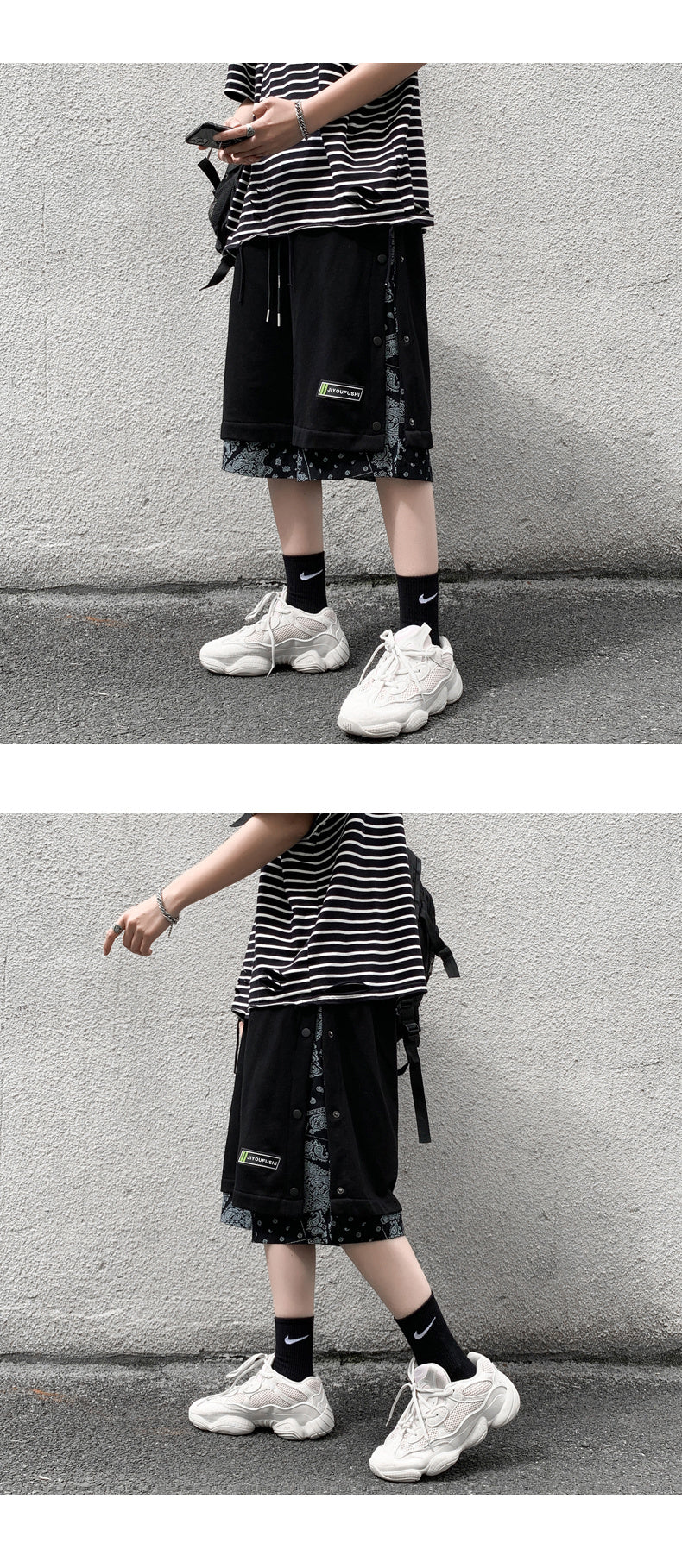 Hong Kong Style Breasted Shorts Men''s Hip Hop Cashew Flower Stitching Loose Fashion