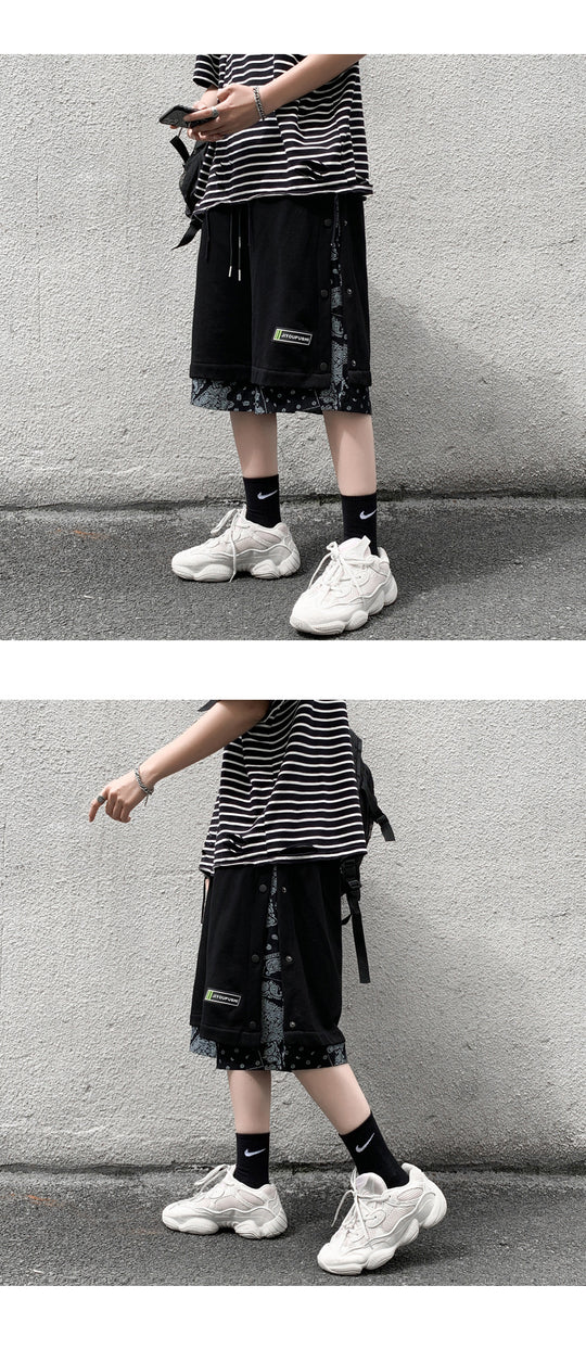 Hong Kong Style Breasted Shorts Men''s Hip Hop Cashew Flower Stitching Loose Fashion