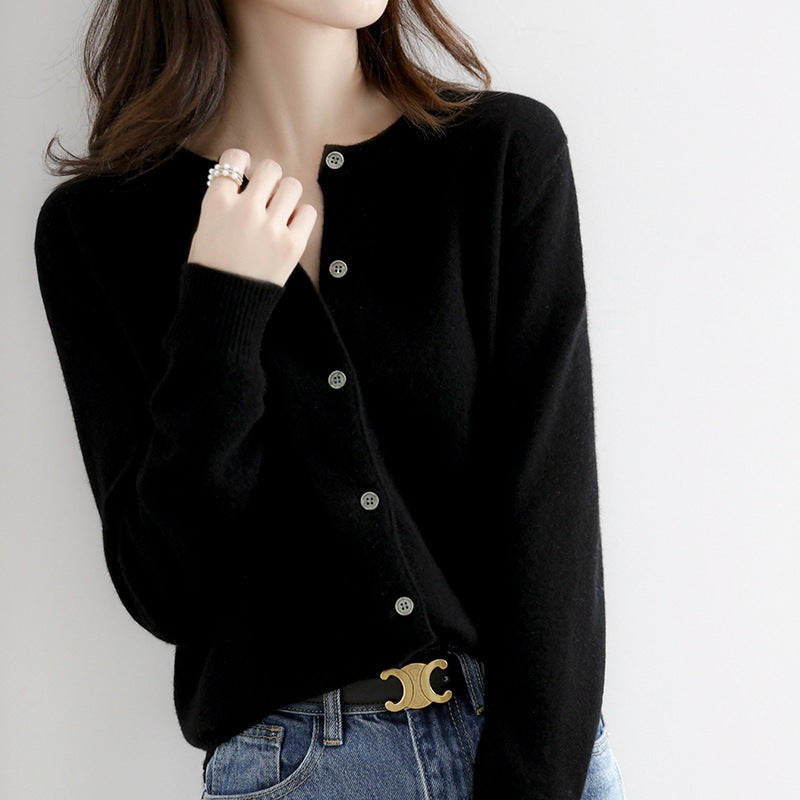 Round Neck Knitted Cardigan Women Loose Solid Color Jacket
