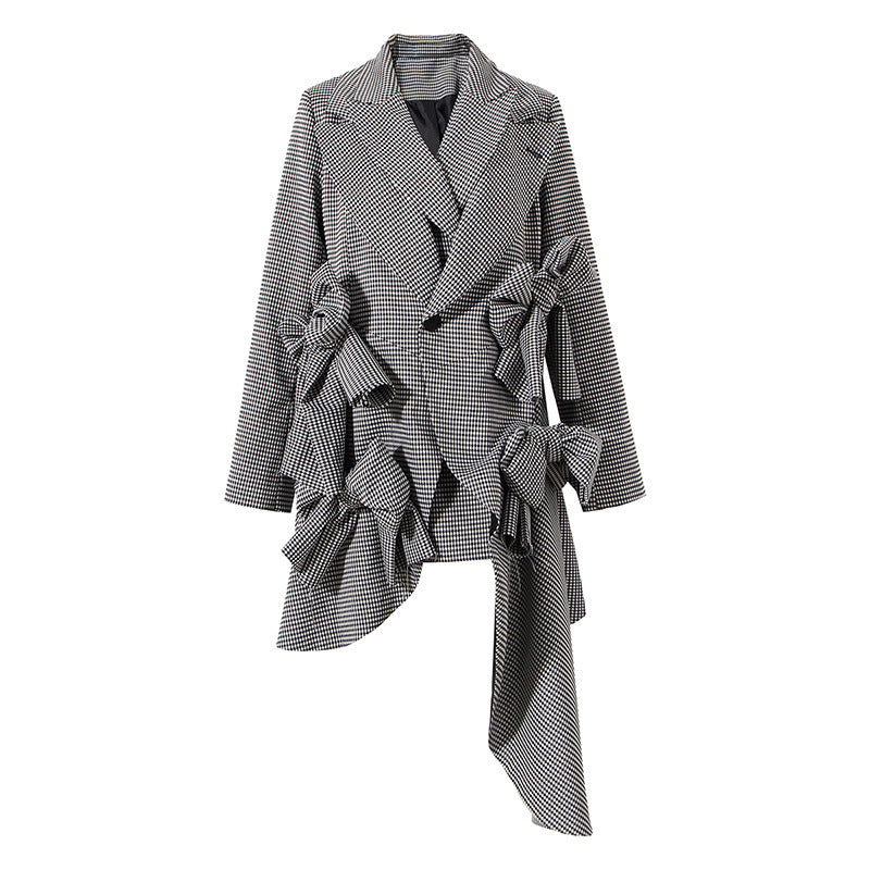 Small Plaid Bow Asymmetrical Loose Suit Jacket For Women