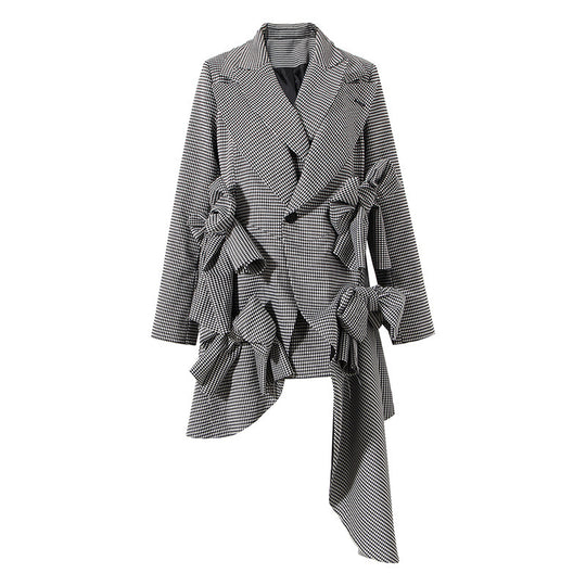 Small Plaid Bow Asymmetrical Loose Suit Jacket For Women