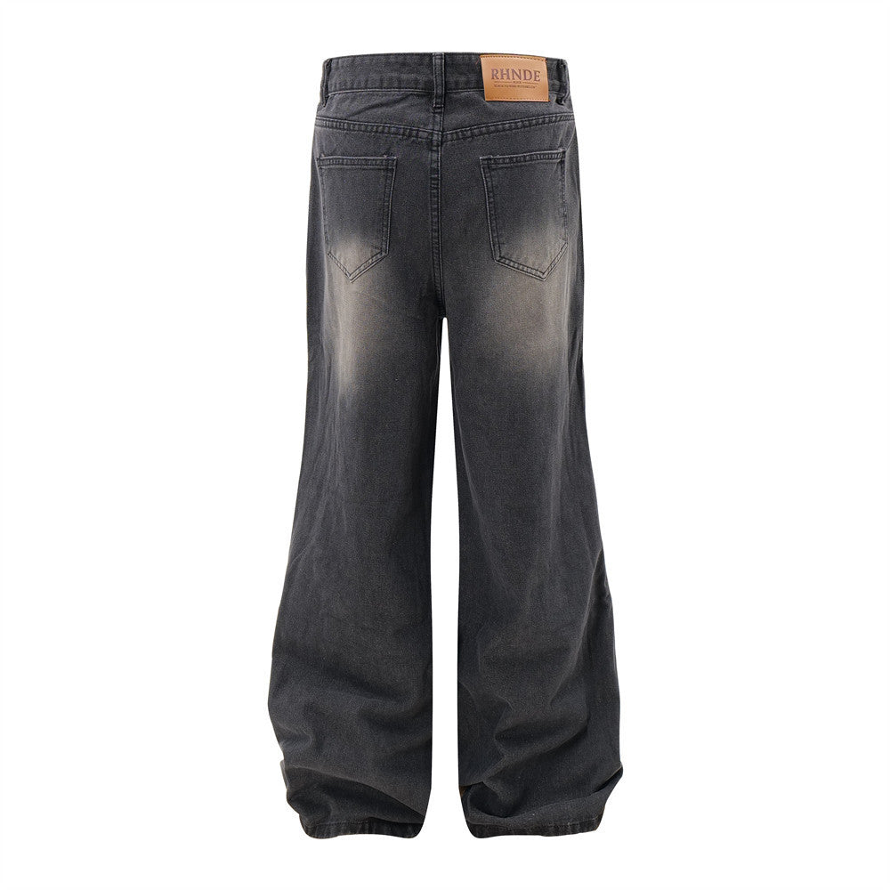 Ripped Wide-legged Denim Trousers For Men