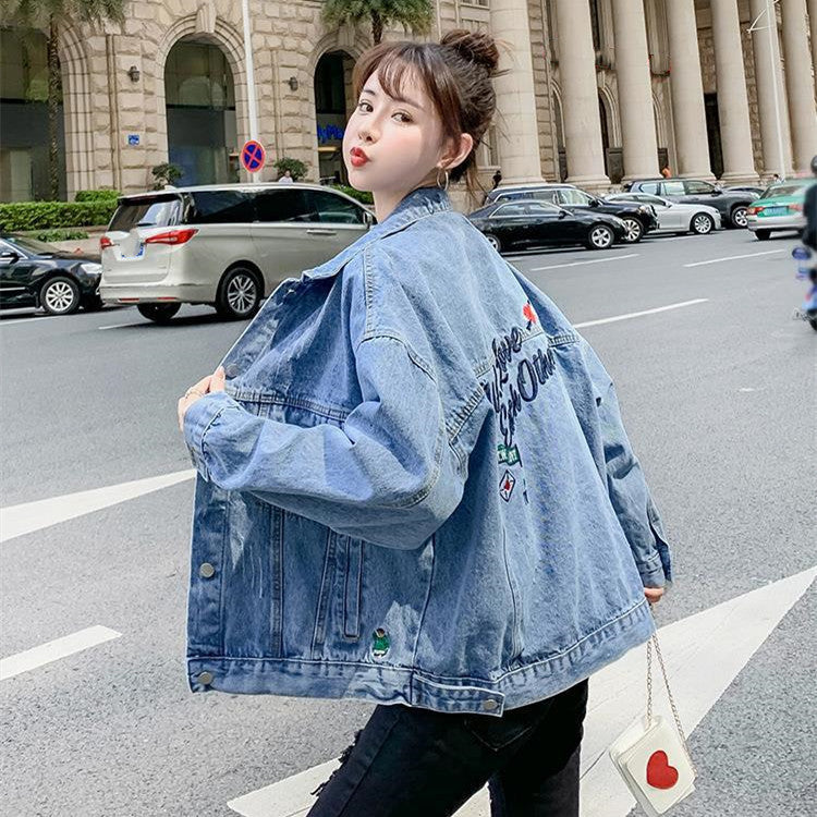 All-match Korean Style Loose Embroidered Denim Jacket Women